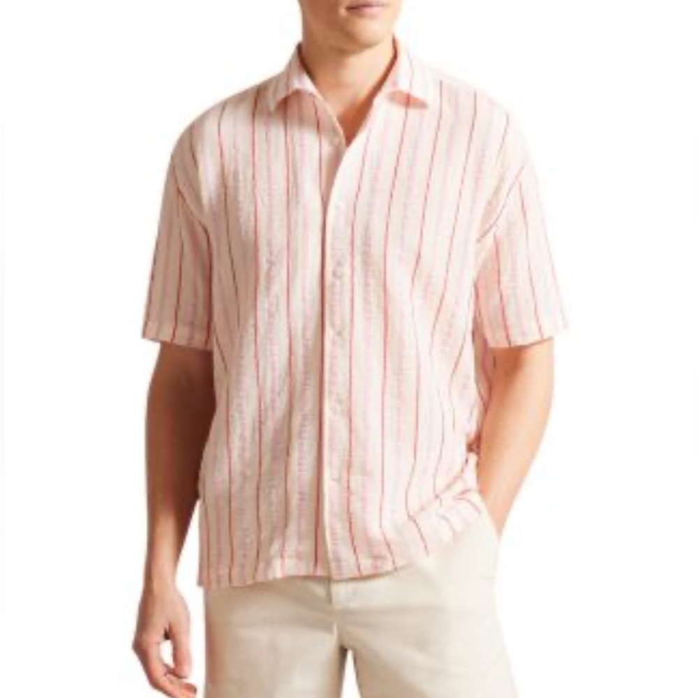 Ted Baker London Men's Pink Seersucker Stripe Short Sleeve Shirt Size US 3XL